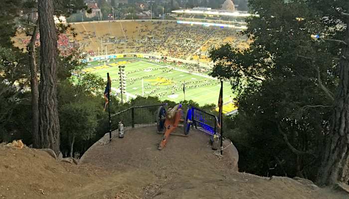 The cannon atop Tightwad Hill, overlooking the Golden Bears’ stadium.